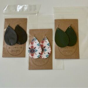 2/$30 3 Pairs Faux Leather Teardrop Earrings - Handmade - Black Green Aztec